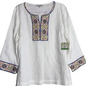 John Mark Womens Size Large White Linen Embroidered Tunic NWT